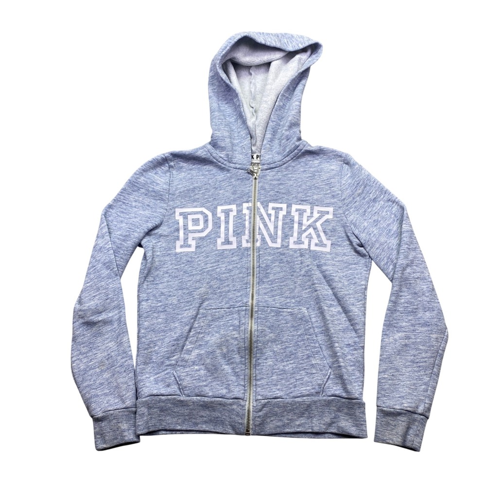 Victoria's Secret PINK Full Zip Hoodie Blue Heathered Marl Logo XS Grunge